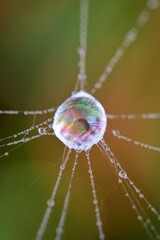 Obraz premium Macro shot of a dewdrop on a spider web reflecting rainbow colors