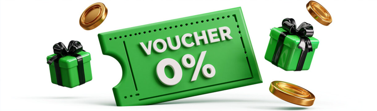 Special Offer Voucher: A vibrant green voucher with VOUCHER 0% boldly displayed, surrounded by floating golden coins and gift boxes, signifying a fantastic promotion.
