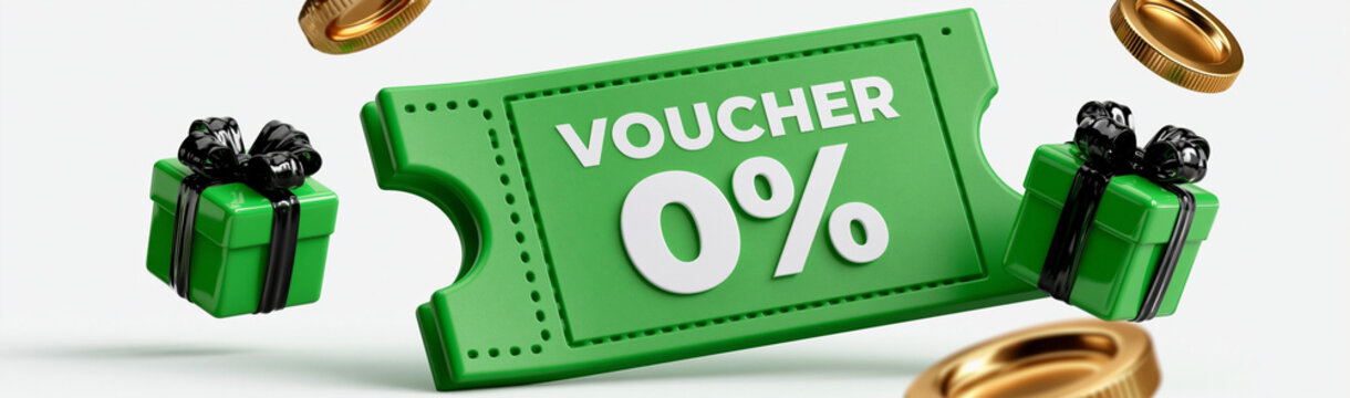 Zero Percent Discount Voucher: A vibrant green voucher with VOUCHER 0% prominently displayed, surrounded by festive gift boxes and golden coins, symbolizing a special offer or a giveaway promotion.