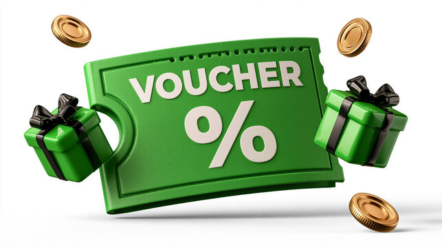 Voucher with Gift and Coin: A vibrant green voucher adorned with a percentage sign, surrounded by golden coins and festive gift boxes, symbolizing discounts and rewards.