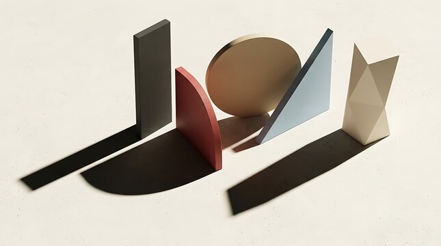 Colorful geometric shapes standing on a flat surface with long dramatic shadows illustration