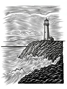 Lighthouse on Cliff Overlooking Rough Seas in Woodcut Style