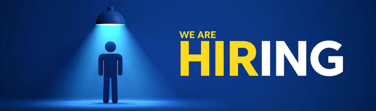 We Are Hiring: A solitary figure stands illuminated under a spotlight, with bold text proclaiming WE ARE HIRING, symbolizing opportunity and recruitment.