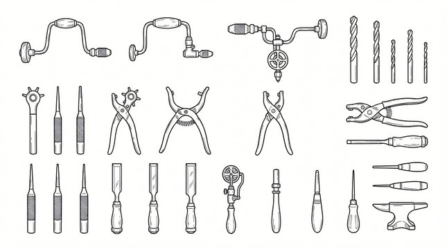 Manual Hand Drill Punch Tool Line Art Doodle Graphic Pack Vintage Mechanical Brace Twist Bit Center Leather Hole Pliers Chisel Hand Drawn Line Strictly Textless White Background Commercial Stock