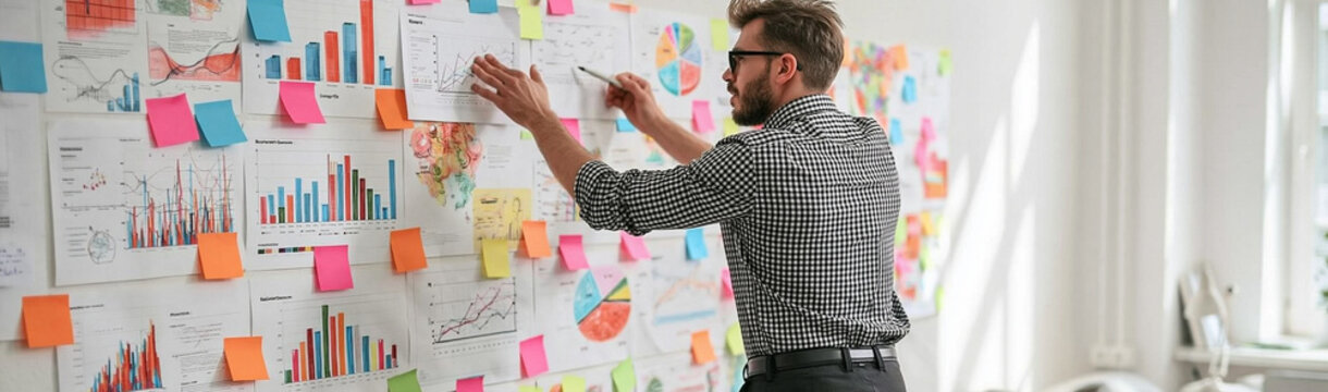 Brainstorming Session: A focused businessman meticulously plans his strategy, surrounded by a vibrant wall of sticky notes, charts, and graphs, symbolizing creative thinking and project management.