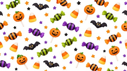 Fototapeta premium Cute Halloween Candy Seamless Pattern with Pumpkins, Bats and Candy Corn