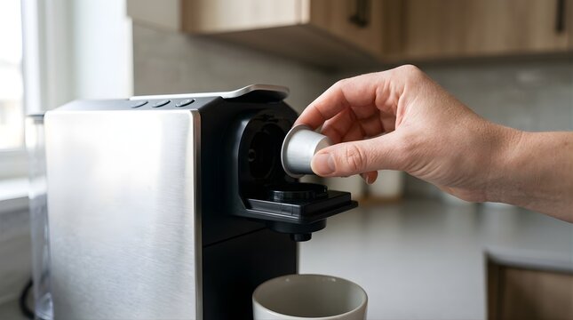 Hand placing coffee capsule into a modern espresso machine in kitchen
