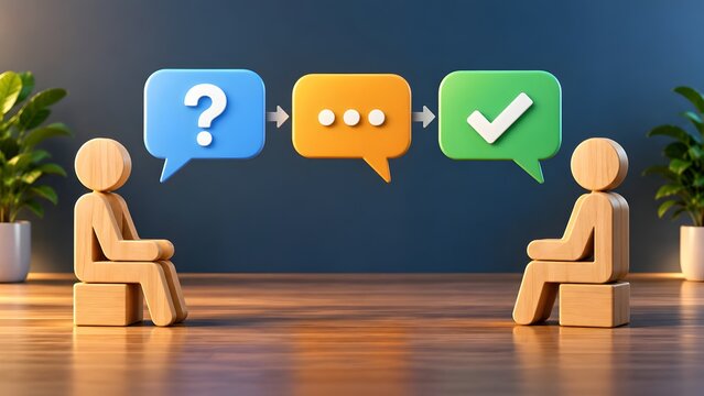 Wooden figures communicating with question mark and checkmark speech bubbles representing problem solving and customer support process