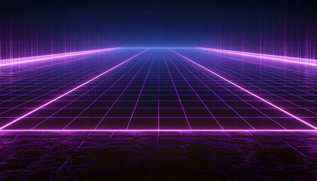 Clean metaverse virtual stage grid background with purple neon light