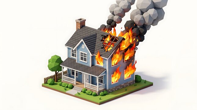 A suburban house on fire cartoon in isometric low poly style