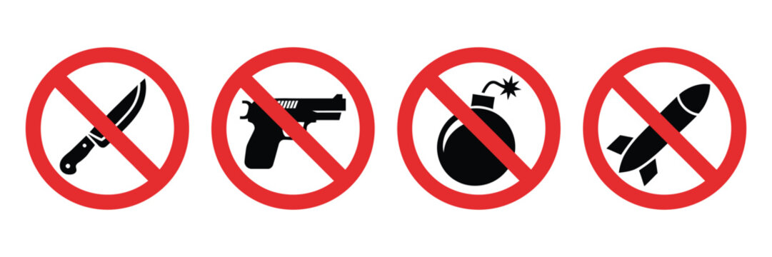 No Weapons Prohibited Sign featuring forbidden knife, gun, bomb, and missile symbols, representing security restrictions, safety warnings, and public protection