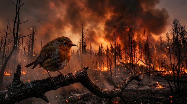 Sad bird on burned branch and fire in the forest