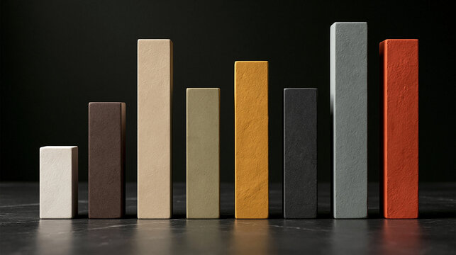 Abstract Bar Chart Representation: A series of differently sized and colored rectangular blocks arranged in ascending and descending order to visually represent a bar chart.