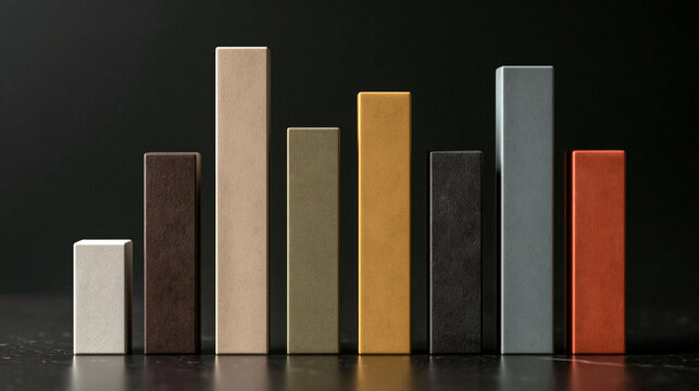 Geometric Composition: A series of rectangular bars of varying heights and earthy tones are arranged in a stark, yet visually appealing composition against a dark backdrop.