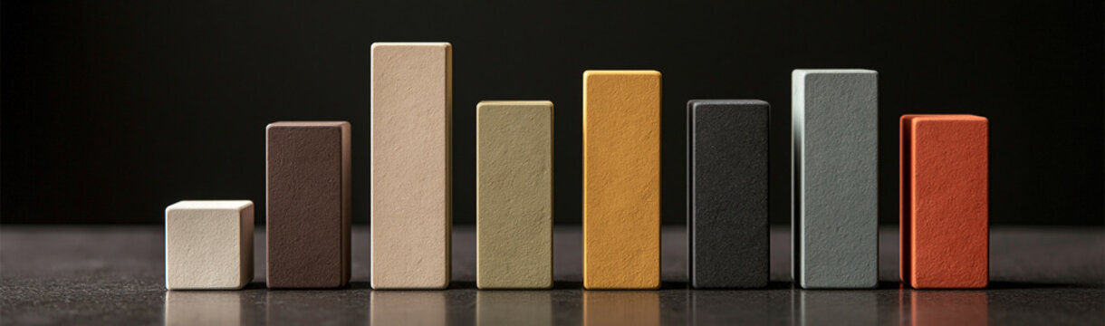 Bar Chart Abstract: A series of colorful rectangular blocks arranged in ascending and descending height, resembling a dynamic bar chart, set against a dark, moody background.