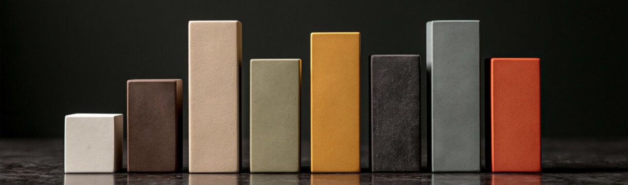 Abstract Bar Chart Data Visualization: A series of abstract rectangular blocks of varying heights and colors arranged in a bar chart formation, representing data and growth.