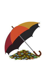 Obraz premium Vivid hand-traced vector icon illustration featuring a colorful rainbow umbrella tilted and resting beside a pile of wet autumn leaves with water droplets, seasonal rain concept art