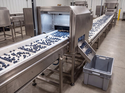 Blueberries pass through an industrial sorting machine on a conveyor