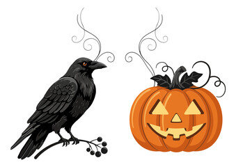 Fototapeta premium Black crow perched on a branch beside a carved pumpkin with swirling vine accents vector illustration