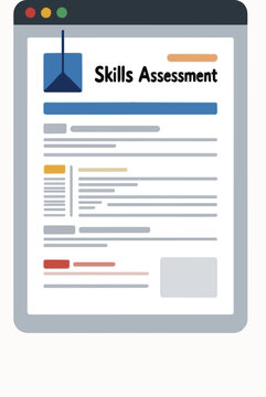 Digital tablet displaying a skills assessment report with text blocks and colorful headers, flat vector illustration on a white background