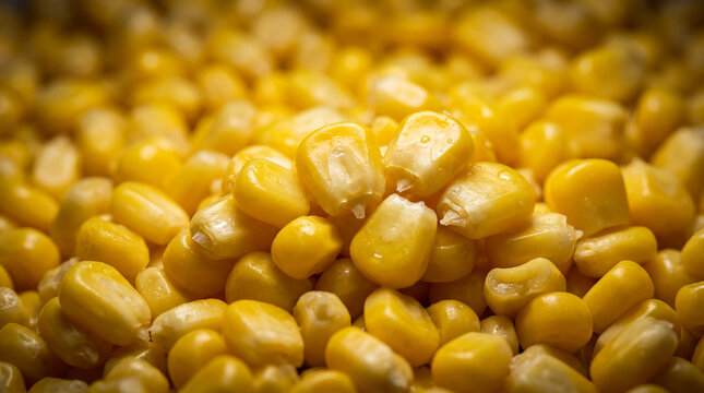 Fresh yellow sweet corn kernels pile background close up