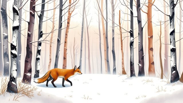 Red fox walking in a snowy winter forest digital illustration