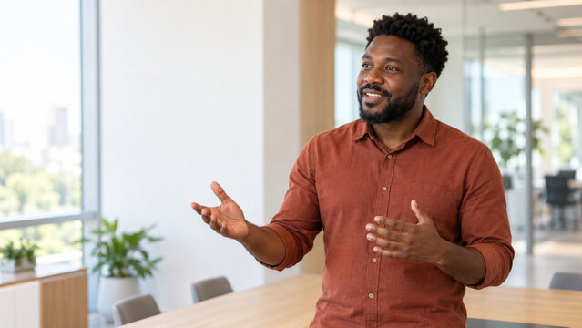 Confident African American Businessman Talking and Gesturing in a Modern Office