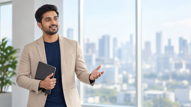 Confident Indian businessman holding a tablet and gesturing in a modern office with city view