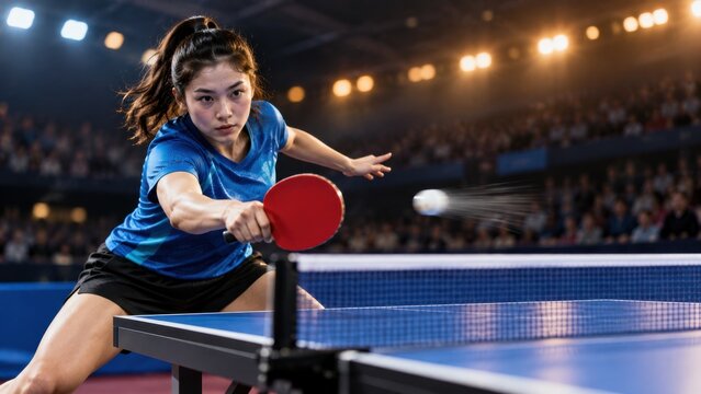 Female asian table tennis player hitting a ping pong ball during an intense match.