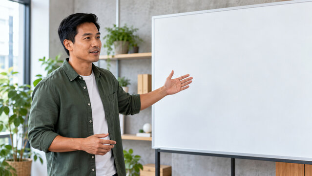 Asian male professional presenting at a whiteboard in a modern office