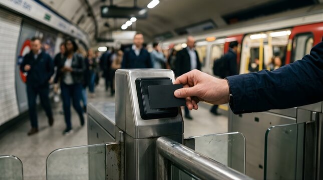 Person using a smart card to pass through a subway station gate terminal