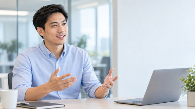 Asian businessman talking and gesturing during a professional meeting in a modern office