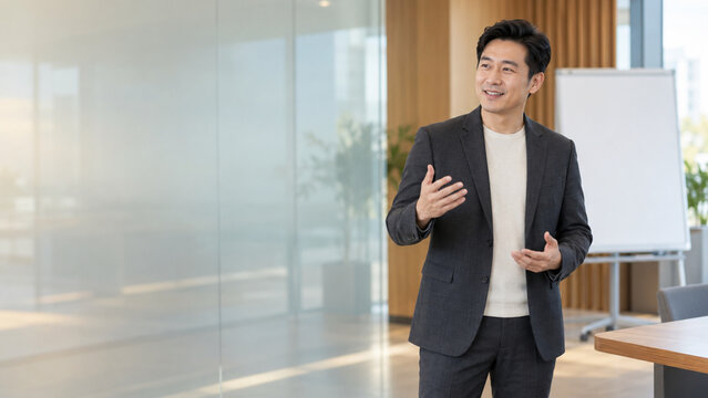 Professional Asian Businessman Giving a Presentation in a Modern Office
