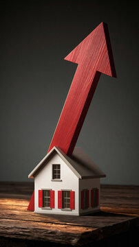 Real Estate Growth: A miniature house with a large red arrow piercing through it, symbolizing a rapid increase in real estate value and housing market growth.