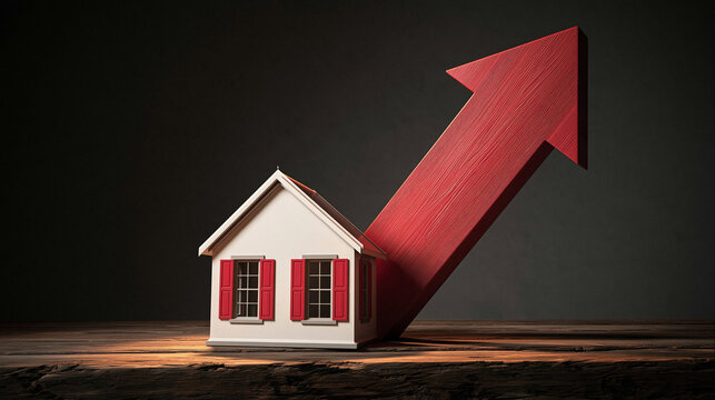 Real Estate Growth Arrow: A miniature house symbolizes the booming real estate market, with a large red arrow pointing upwards, indicating a strong growth trajectory and increasing property value.