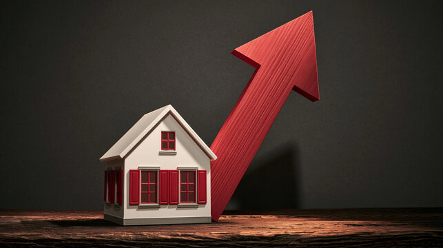 Rising Real Estate Value: A miniature house is depicted with a large red arrow indicating an upward trend, symbolizing property value increase and market growth.