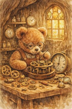 Whimsical Bear Clockmaker Storybook Illustration