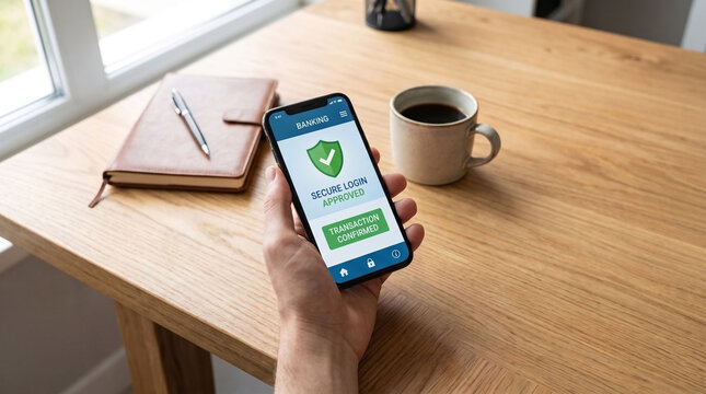 Person holding a smartphone with a secure mobile banking login approved and transaction confirmed screen.