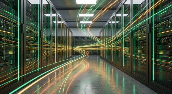 3D render of a futuristic data center with glowing green and orange light trails for data transfer concept.
