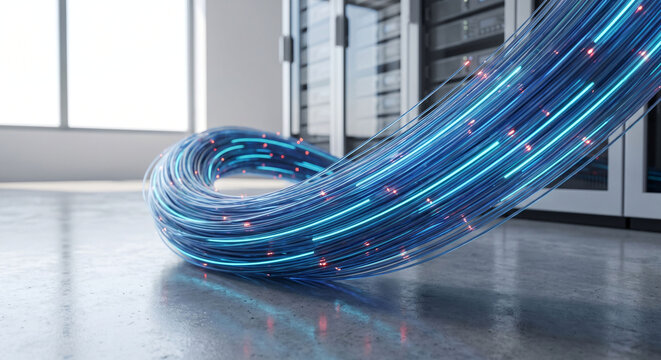 3D render of glowing blue fiber optic cables coiled on the floor in a modern data center.