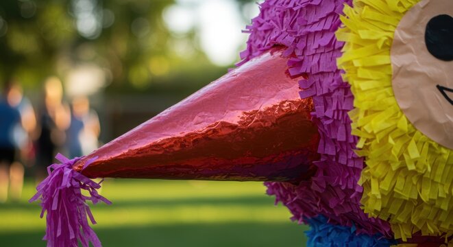 Colorful pinata with pointed cone in sunny garden