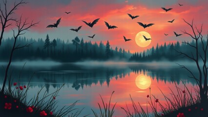 Obraz premium Bats flying over misty lake at sunset