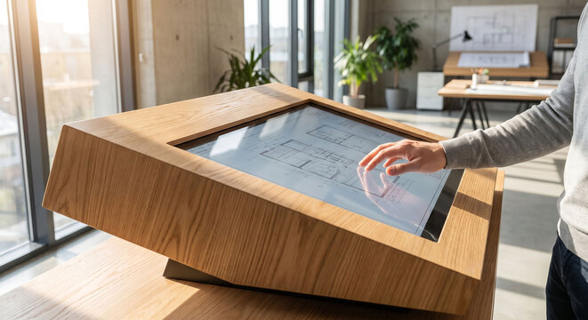 Architect using a large wooden interactive touch screen table with digital blueprints in a modern office.