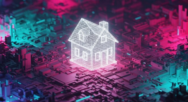 Neon wireframe house model on abstract digital landscape