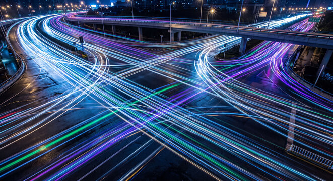 Long exposure light trails of traffic on a curved highway leading to the city skyline at night, Night traffic on a busy freeway with red and white blurred light streaks and cityscape.