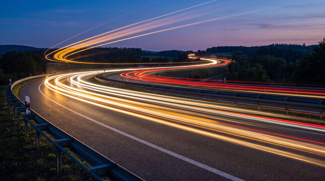 Long exposure light trails of traffic on a curved highway leading to the city skyline at night, Night traffic on a busy freeway with red and white blurred light streaks and cityscape.