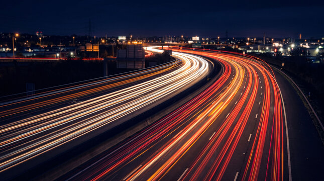 Long exposure light trails of traffic on a curved highway leading to the city skyline at night, Night traffic on a busy freeway with red and white blurred light streaks and cityscape.