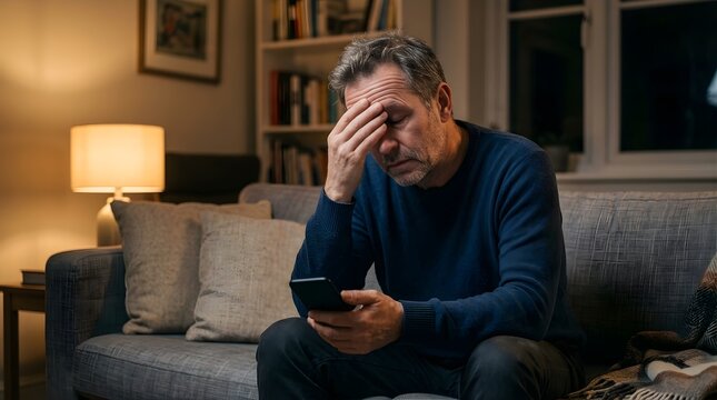 Stressed mature man sitting on couch reading bad news on mobile phone