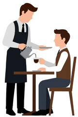 Obraz premium waiter in a black apron pouring hot coffee into a cup for a seated customer, flat vector illustration on a white background