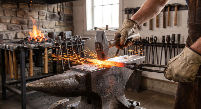 Blacksmith in a leather apron shaping glowing hot metal with a hammer on an anvil in a traditional workshop.